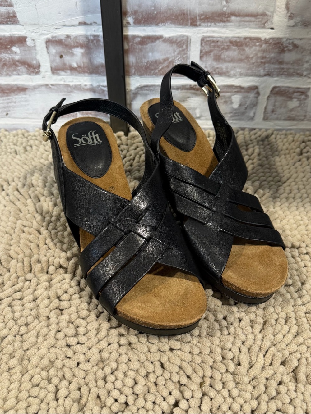 Söfft Black Leather Wedge Sandals with Crisscross Straps